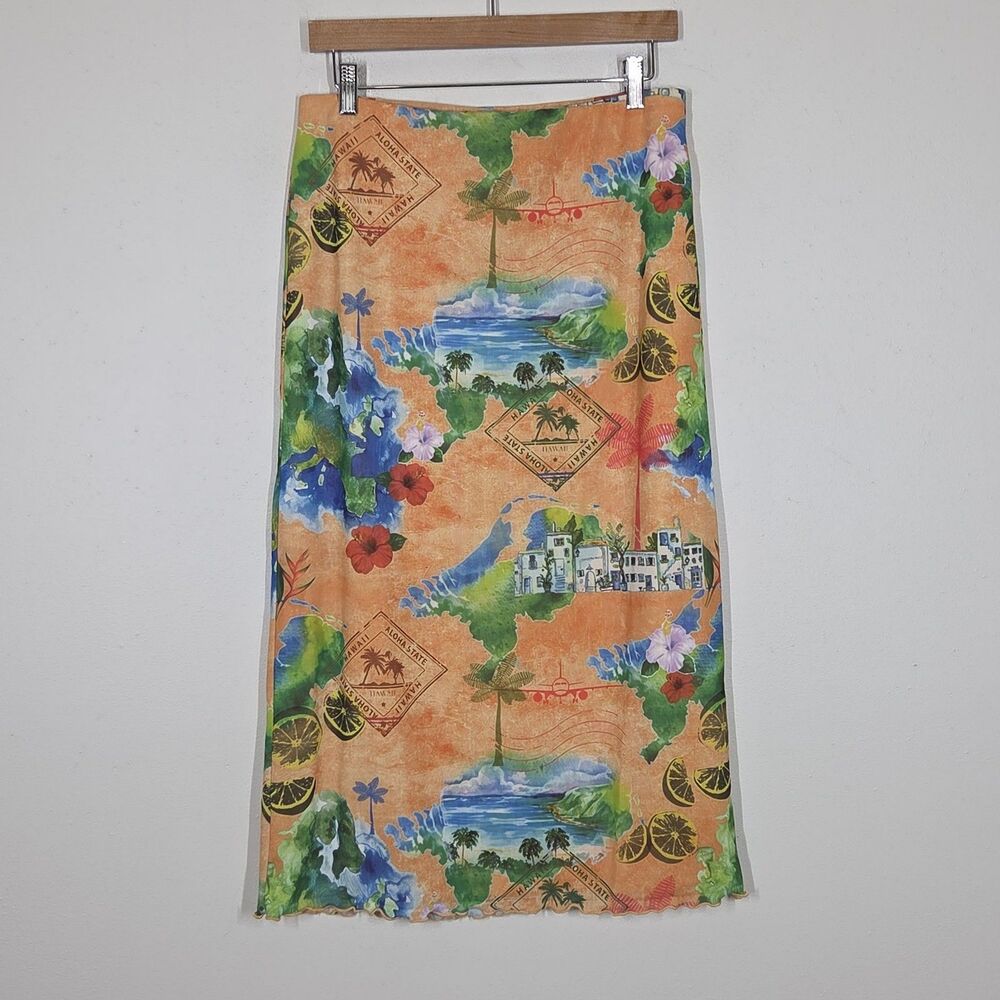 Forever 21 Orange Tropical Hawaii Beach Mesh Midi Skirt Lettuce Hem L Vacation